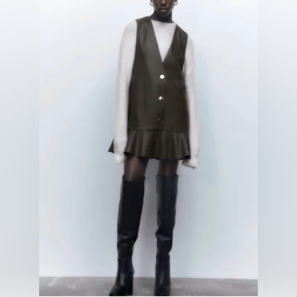ZARA FAUX LEATHER DRES IN OLIVE GREEN - Picture 1 of 8